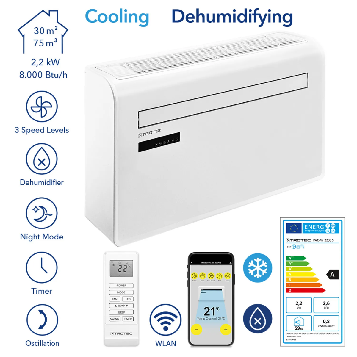 Inteligentny klimatyzator ścienny monoblokowy Trotec PAC-W 2200 S-1033372