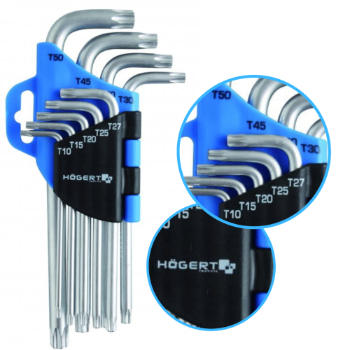 Zestaw kluczy kątowych długich Torx CrV HOGERT, klucze torx 9szt