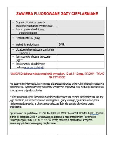 Etykieta + folia zabezpieczająca, naklejka na urządzenia zawierające F-gazy (gazy cieplarniane)